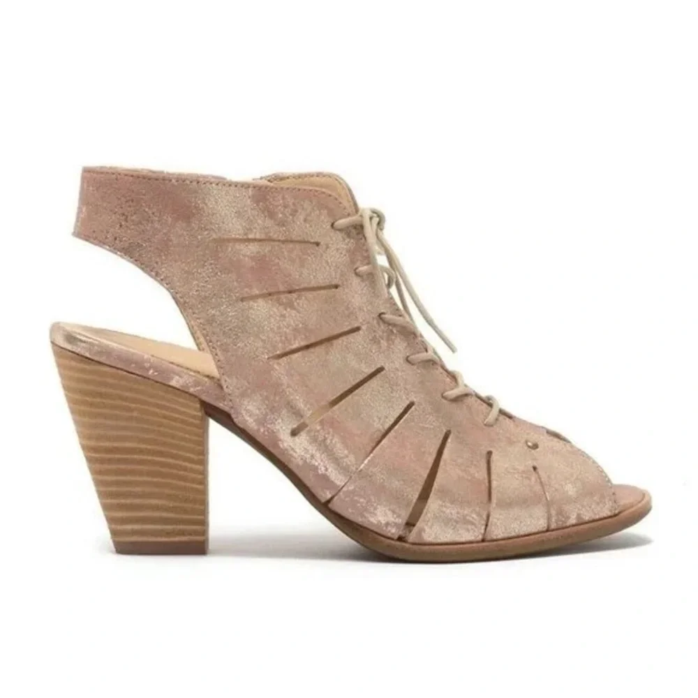 Paul Green Metallic Cayenne Blush Leather Cosmo Lace Up Open Toe Heeled Bootie 9